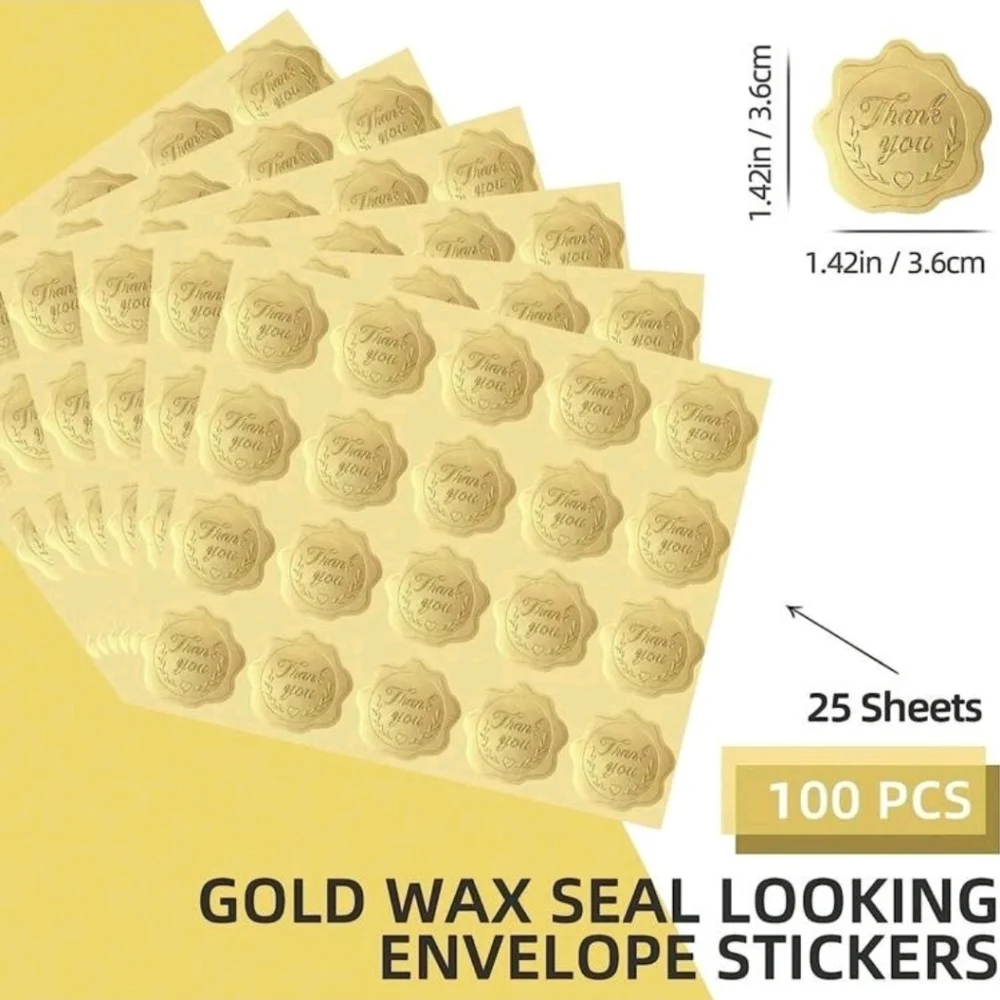 ✨️🤎 50 PCS Gold Thank You Seal Stickers, Embossed Foil shipping packages ✨️🤎